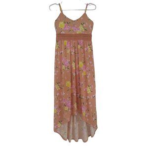 Derek Heart Floral Print Sundress With Lace Detail & Spaghetti Straps Peach.